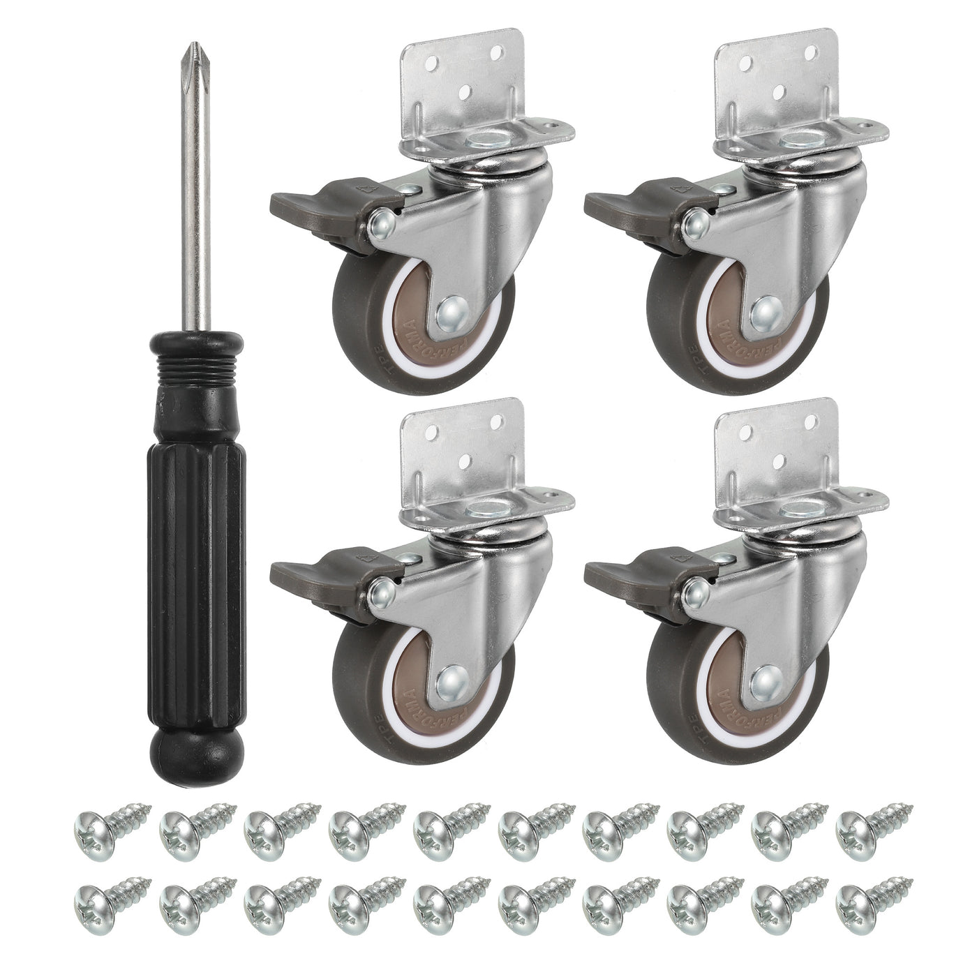 Harfington L-shaped Plate Swivel Caster Wheel with Brake 2", 4 Pack TPE Side Mount Roller with Bearing Screws for Furniture Flower Stand, Brown