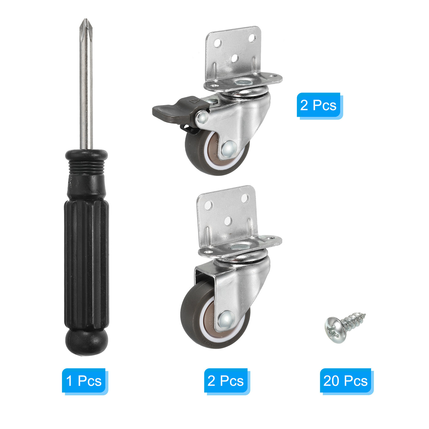 Harfington L-shaped Plate Swivel Caster Wheel Combo 1.25", 4 Pack TPE Side Mount Roller with Brake Bearing Screws for Furniture Flower Stand, Brown