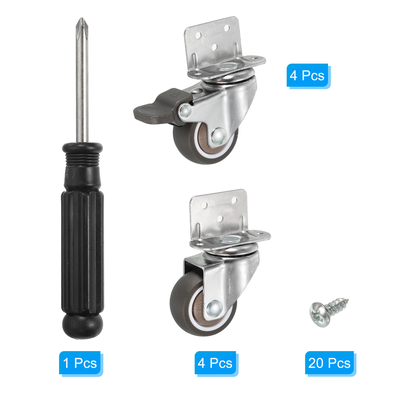 Harfington L-shaped Plate Swivel Caster Wheel Combo 1.5", 4 Pack TPE Side Mount Roller with Brake Bearing Screws for Furniture Flower Stand, Brown