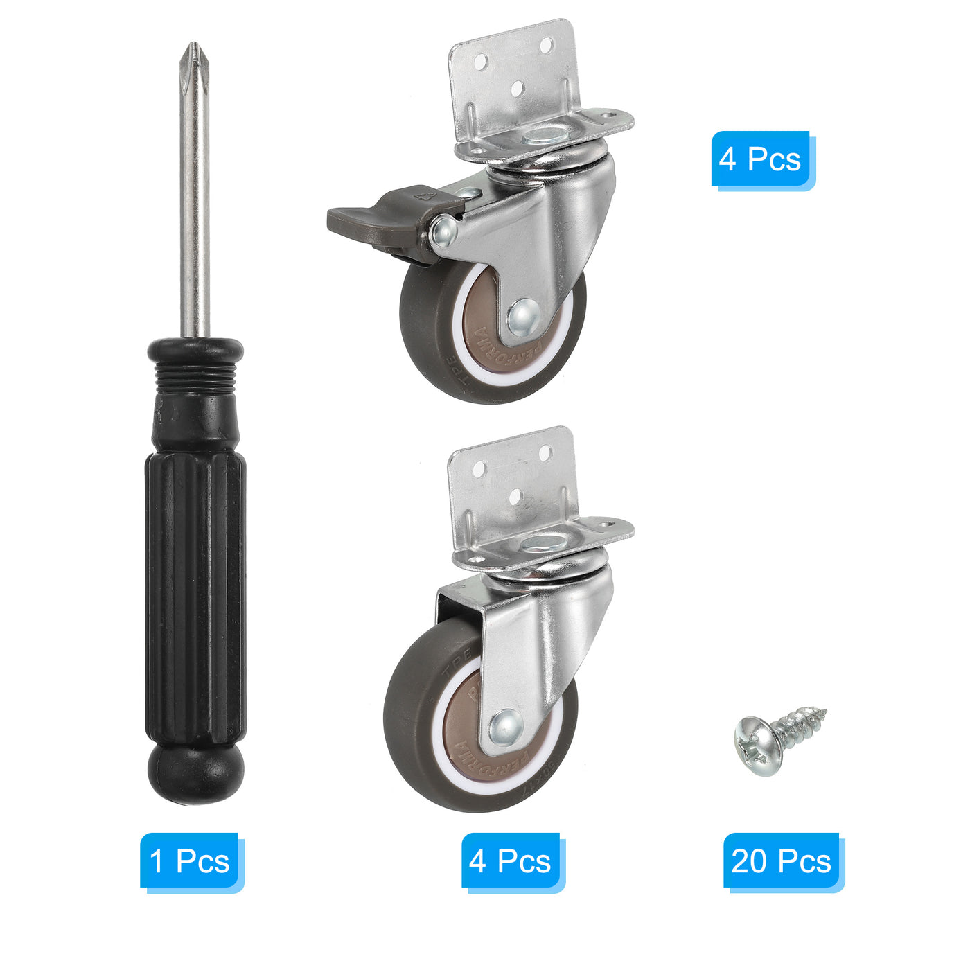 Harfington L-shaped Plate Swivel Caster Wheel Combo 2", 4 Pack TPE Side Mount Roller with Brake Bearing Screws for Furniture Flower Stand, Brown