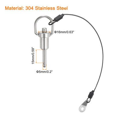 Harfington Uxcell Kugelverriegelungsstifte mit Knopfgriff, 5 mm Stift-Durchmesser, 15 mm Verwendungslänge, Schnellverschlussstift mit Sicherungsseil, 304 Edelstahl