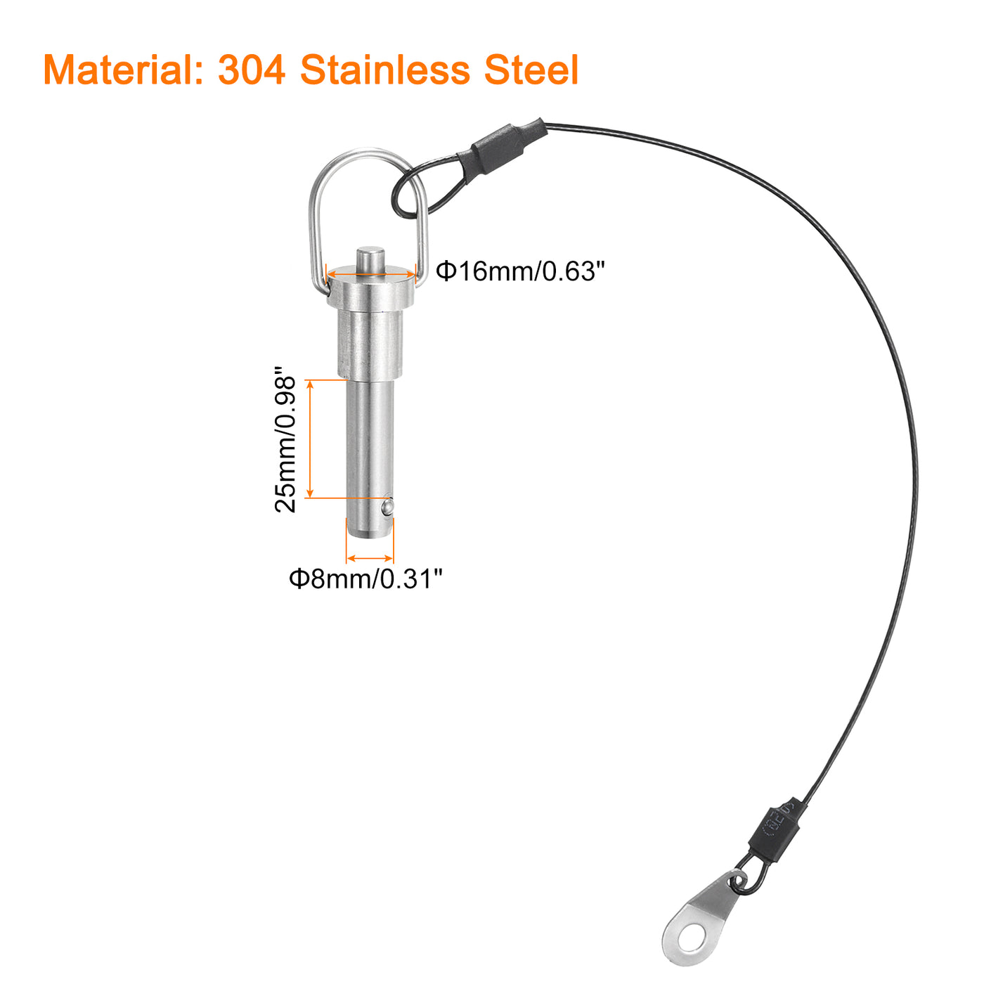 uxcell Uxcell Ball Locking Pins with Button Handle, 8mm Pin Dia. 25mm Usage Length Push-Button Quick Release Pin with Lanyard Cable, 304 Stainless Steel