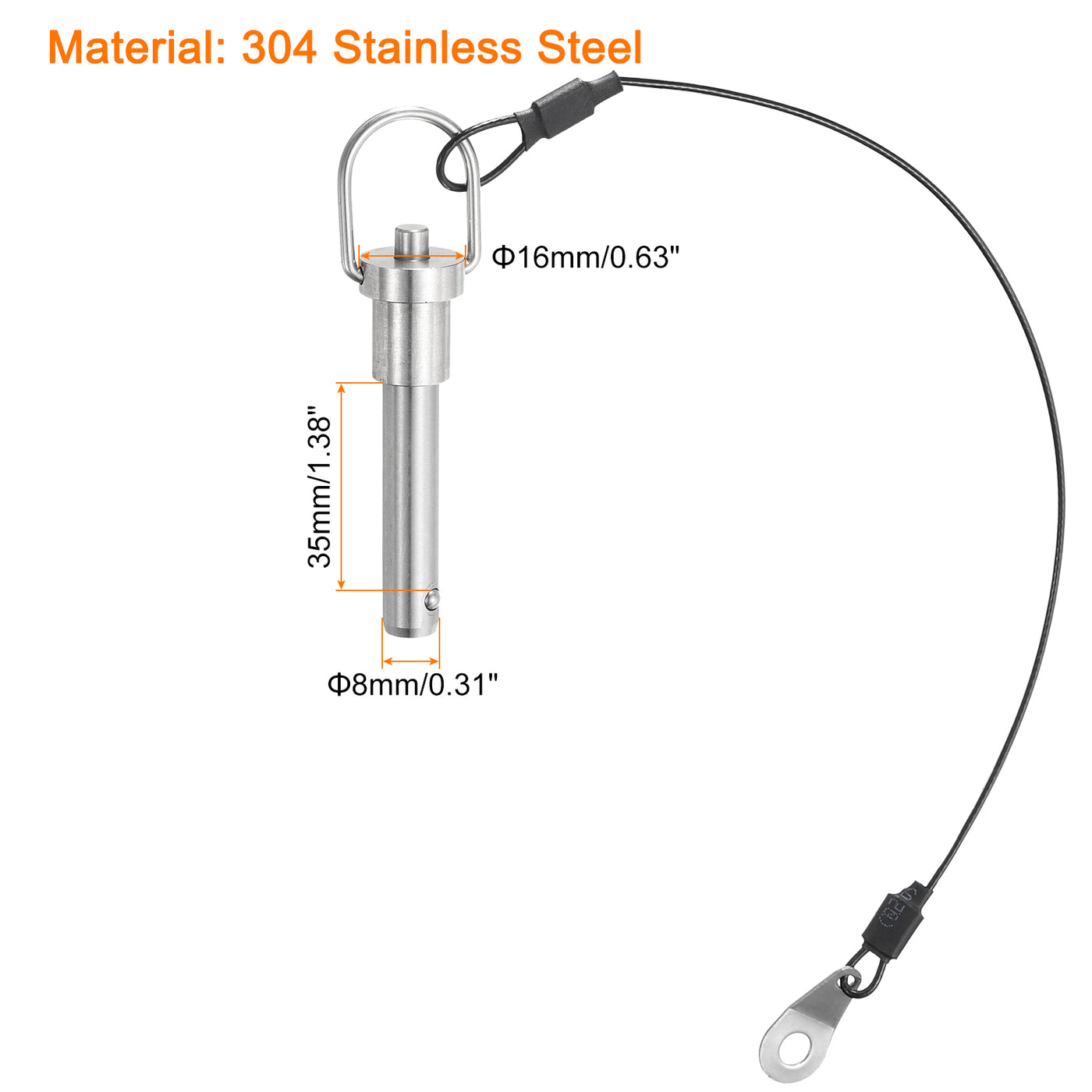 uxcell Uxcell Ball Locking Pins with Button Handle, 8mm Pin Dia. 35mm Usage Length Push-Button Quick Release Pin with Lanyard Cable, 304 Stainless Steel