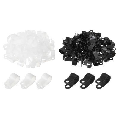 Harfington R-Type Cable Clip Wire Clamp, 10.4mm 0.41 Inch Nylon Clips White Black 200Pcs