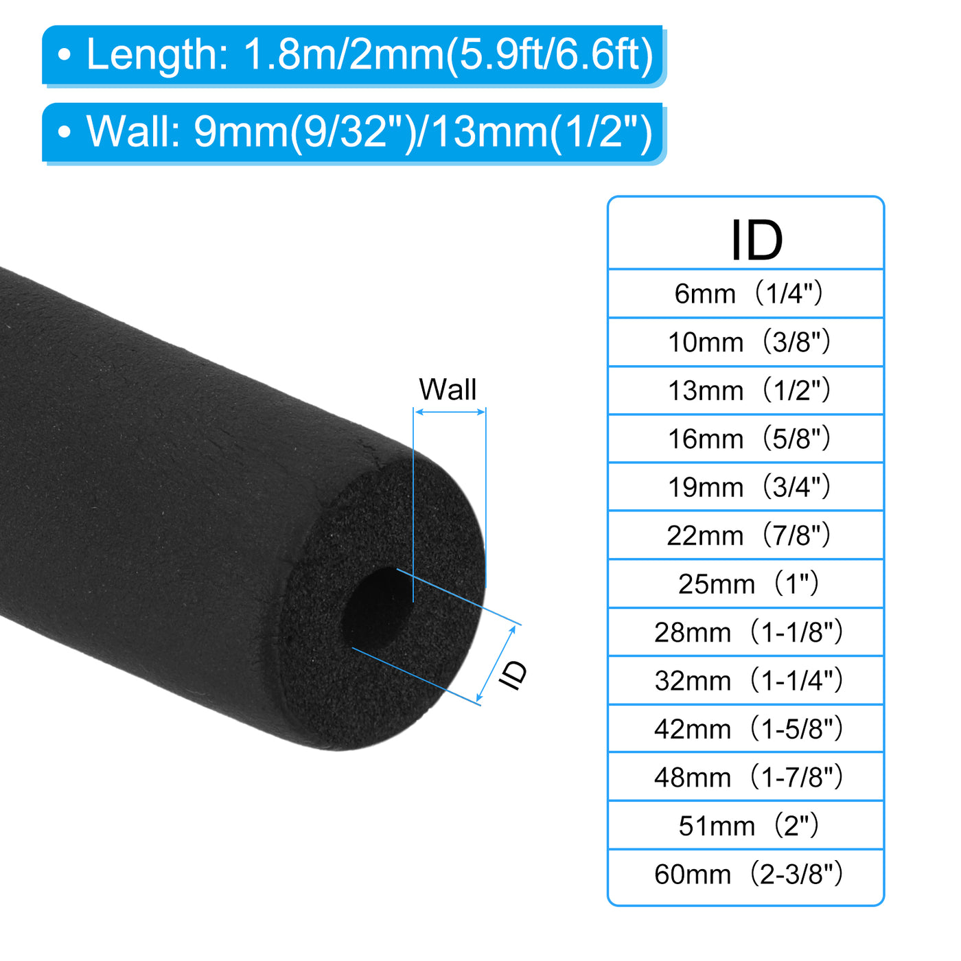 Harfington 2-3/8"(60mm) ID x 6Ft Rohrdämmung Schaumstoff Rohr Rohrhülle Wickel Rollenstange Polsterung Rohr für Griff HVAC Draußen Klimageräte