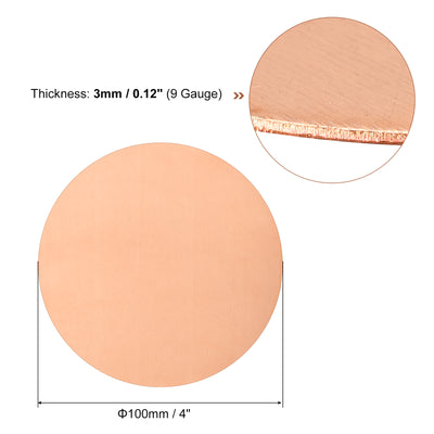 Harfington Uxcell Pure Copper Sheet, 4" x 0.12" 9 Gauge T2 Copper Metal Round Plate