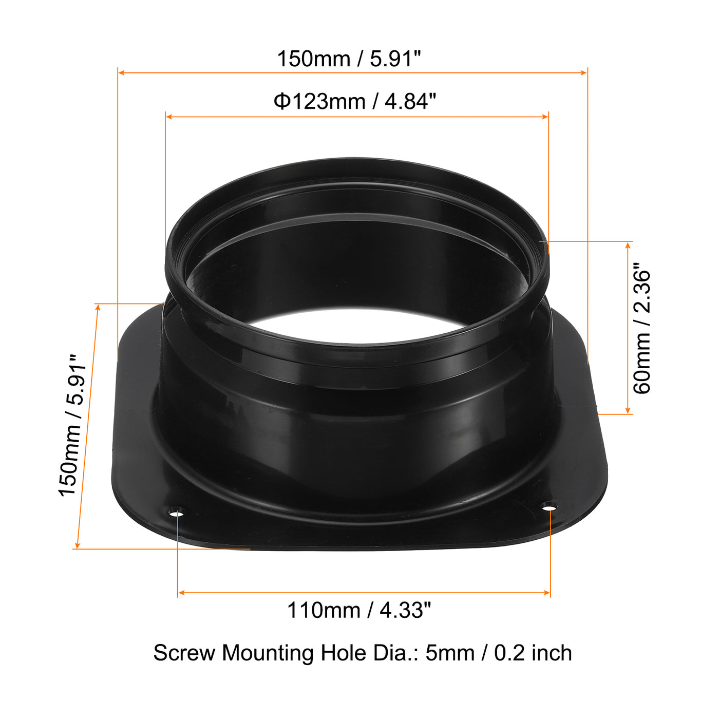 Harfington 5" Duct Connector Flange, Dryer Vent Wall Plate Square to Round Straight with Ducting Clamp for Air Heating Cooling Ventilation Exhaust Fan, Black