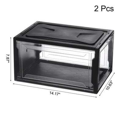 Harfington 2PCS PMMA Shoe Display Case 14.17x10.63x7.87 Inch PP Transparent Black Large Magnetic Front Door Showcase Stackable for Closet Storage Organizer Box