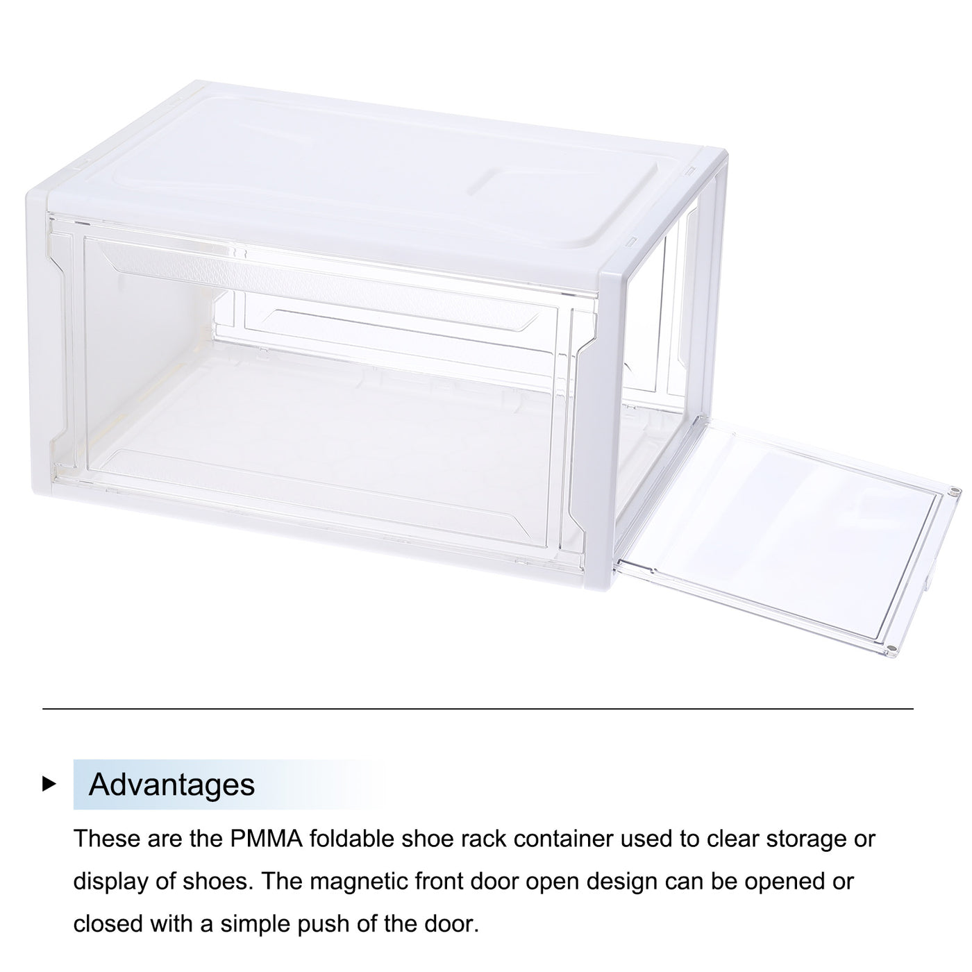 Harfington 2PCS PMMA Shoe Display Case 14.17x10.63x7.87 Inch PP Transparent White Large Magnetic Front Door Showcase Stackable for Closet Storage Organizer Box