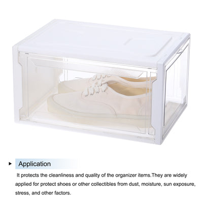 Harfington 2PCS PMMA Shoe Display Case 14.17x10.63x7.87 Inch PP Transparent White Large Magnetic Front Door Showcase Stackable for Closet Storage Organizer Box