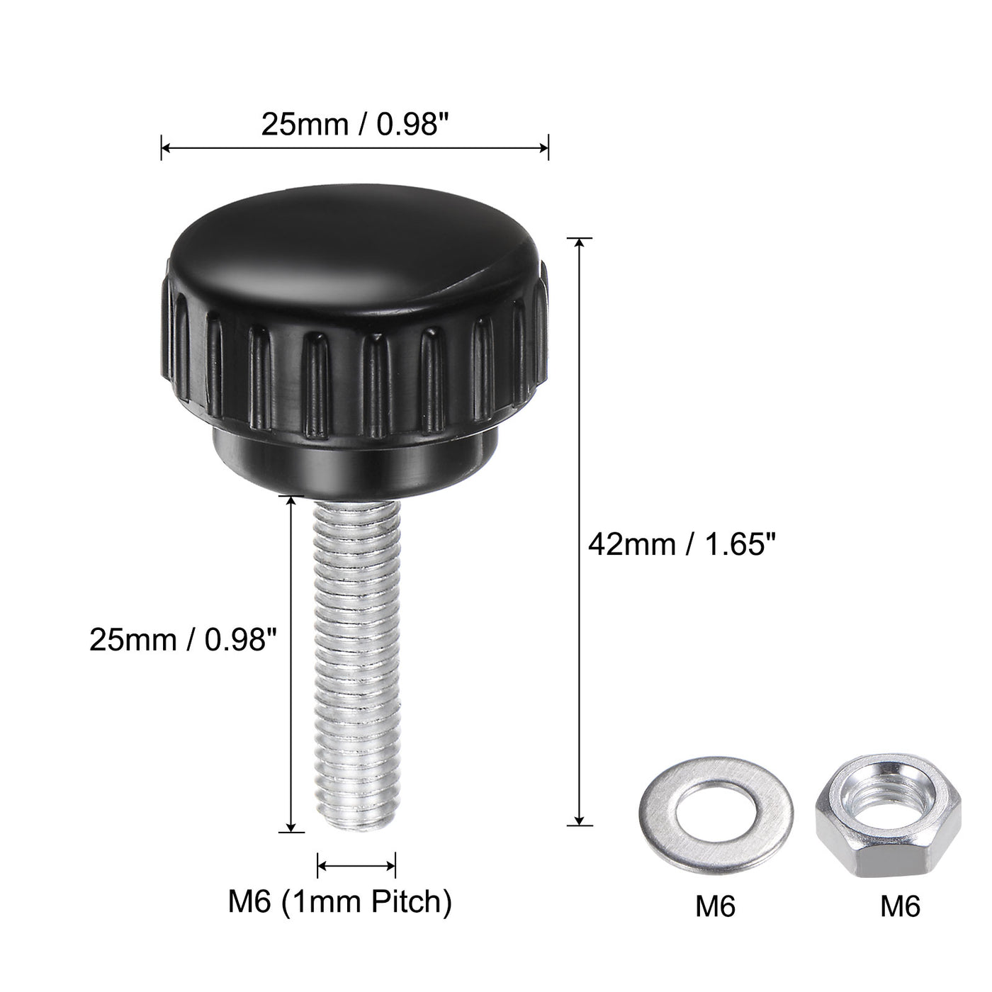 uxcell Uxcell 4 Sets Knurled Knobs with Nuts Washers, M6 x 25mm Carbon Steel Stud 25mm Head