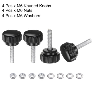 Harfington Uxcell 4 Sets Knurled Knobs with Nuts Washers, M6 x 25mm Carbon Steel Stud 25mm Head