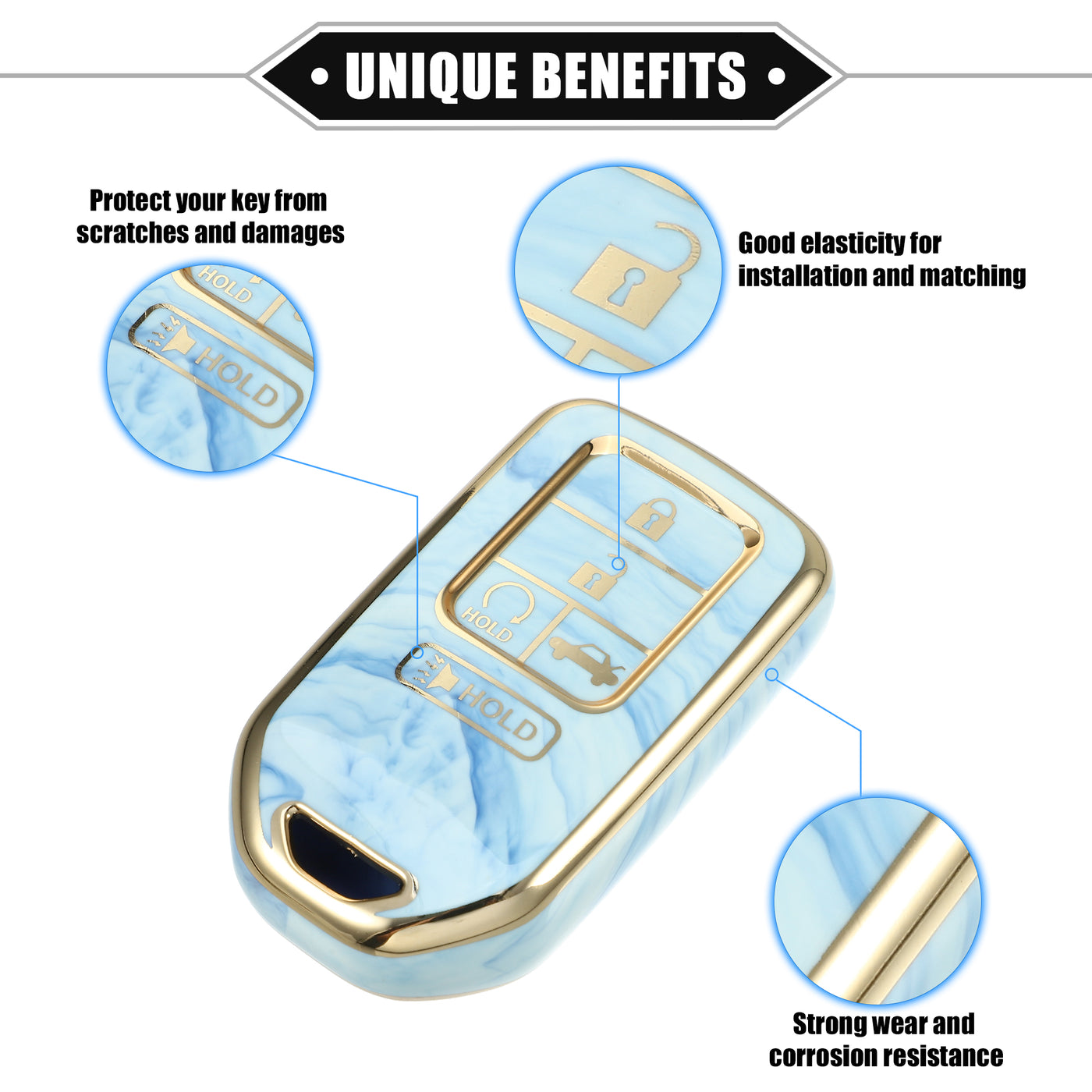 VekAuto Key Fob Cover Compatible for Honda Accord CRV, 5 Button Porcelain Pattern Soft TPU Blue Remote Keyless Smart Key Fob Case Protection Shell