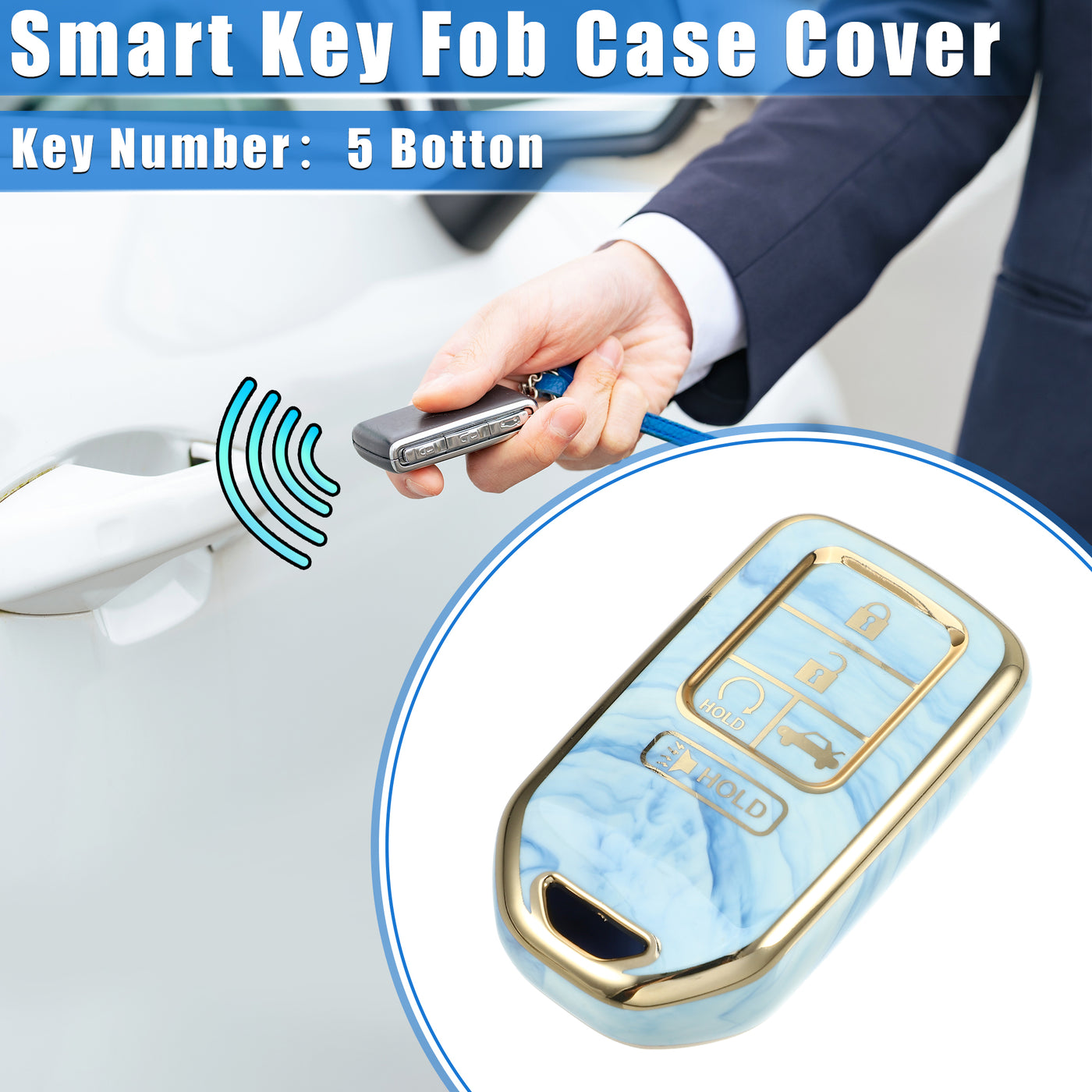 VekAuto Key Fob Cover Compatible for Honda Accord CRV, 5 Button Porcelain Pattern Soft TPU Blue Remote Keyless Smart Key Fob Case Protection Shell