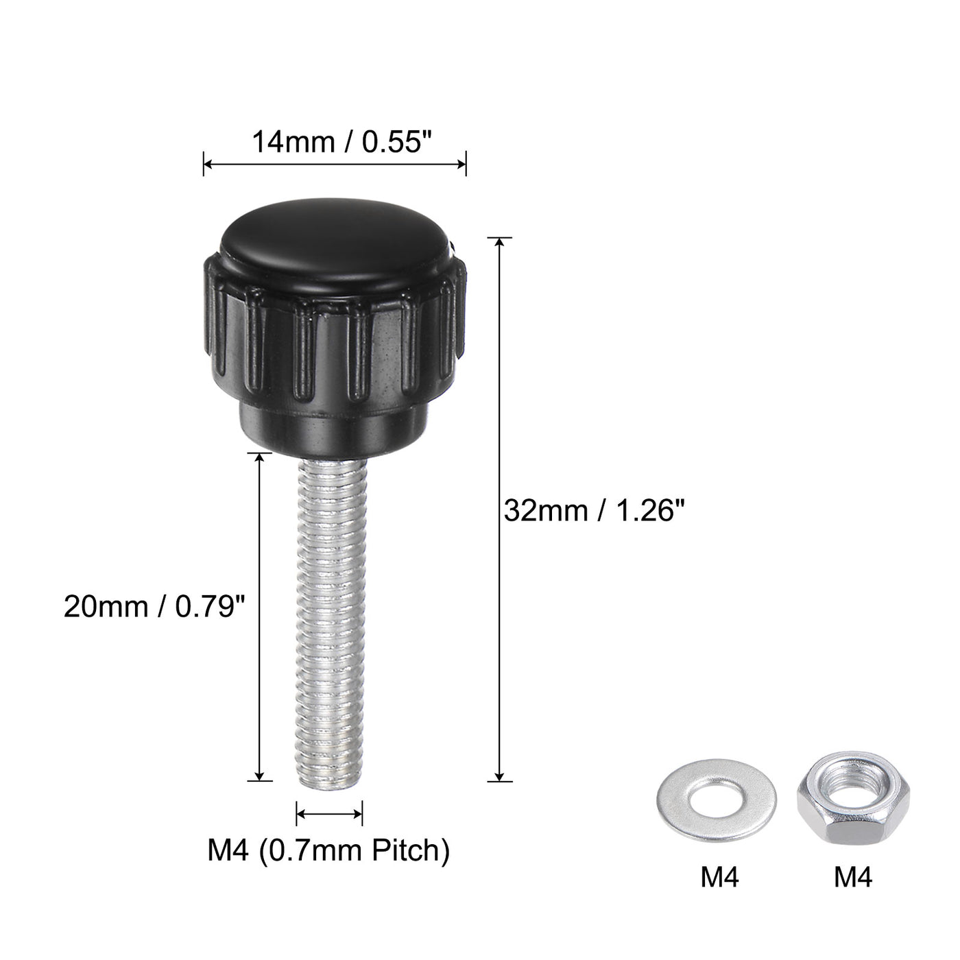 uxcell Uxcell 4 Sets Knurled Knobs with Nuts Washers, M4 x 20mm Carbon Steel Stud 14mm Head