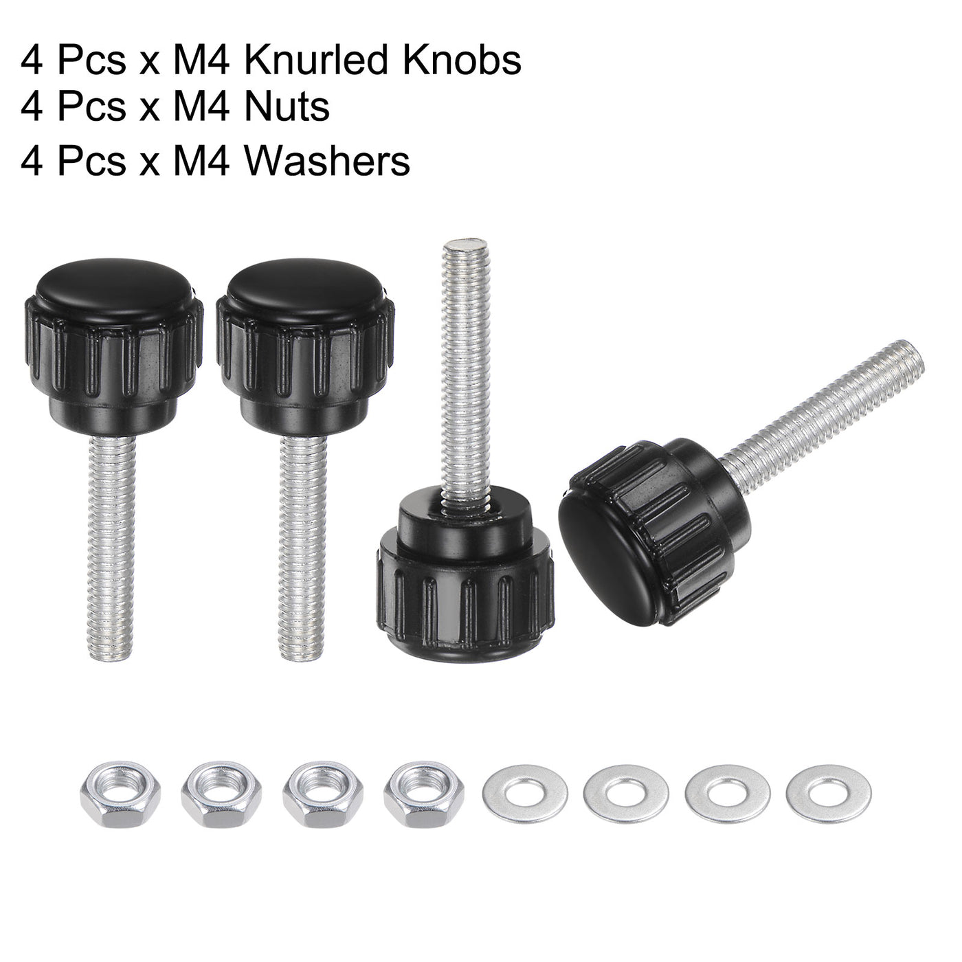 uxcell Uxcell 4 Sets Knurled Knobs with Nuts Washers, M4 x 20mm Carbon Steel Stud 14mm Head