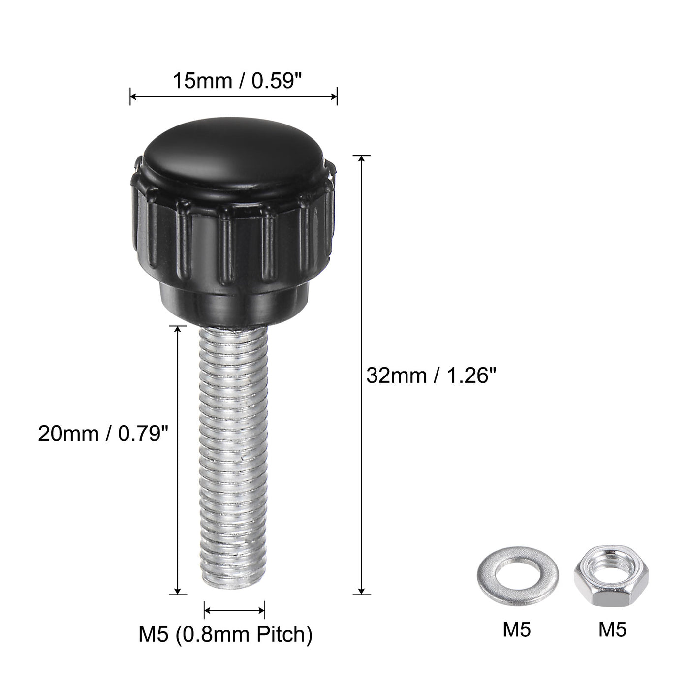 uxcell Uxcell 4 Sets Knurled Knobs with Nuts Washers, M5 x 20mm Carbon Steel Stud 15mm Head