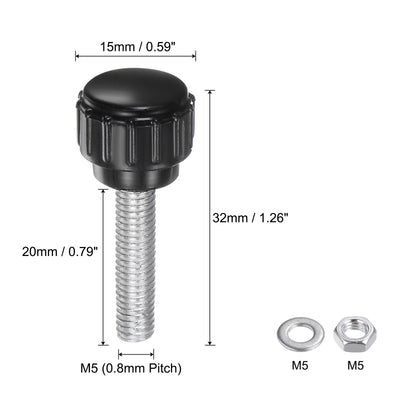 Harfington Uxcell 4 Sets Knurled Knobs with Nuts Washers, M5 x 20mm Carbon Steel Stud 15mm Head