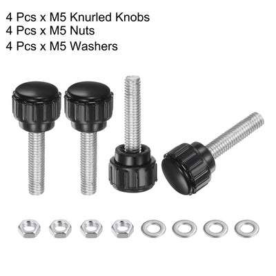 Harfington Uxcell 4 Sets Knurled Knobs with Nuts Washers, M5 x 20mm Carbon Steel Stud 15mm Head