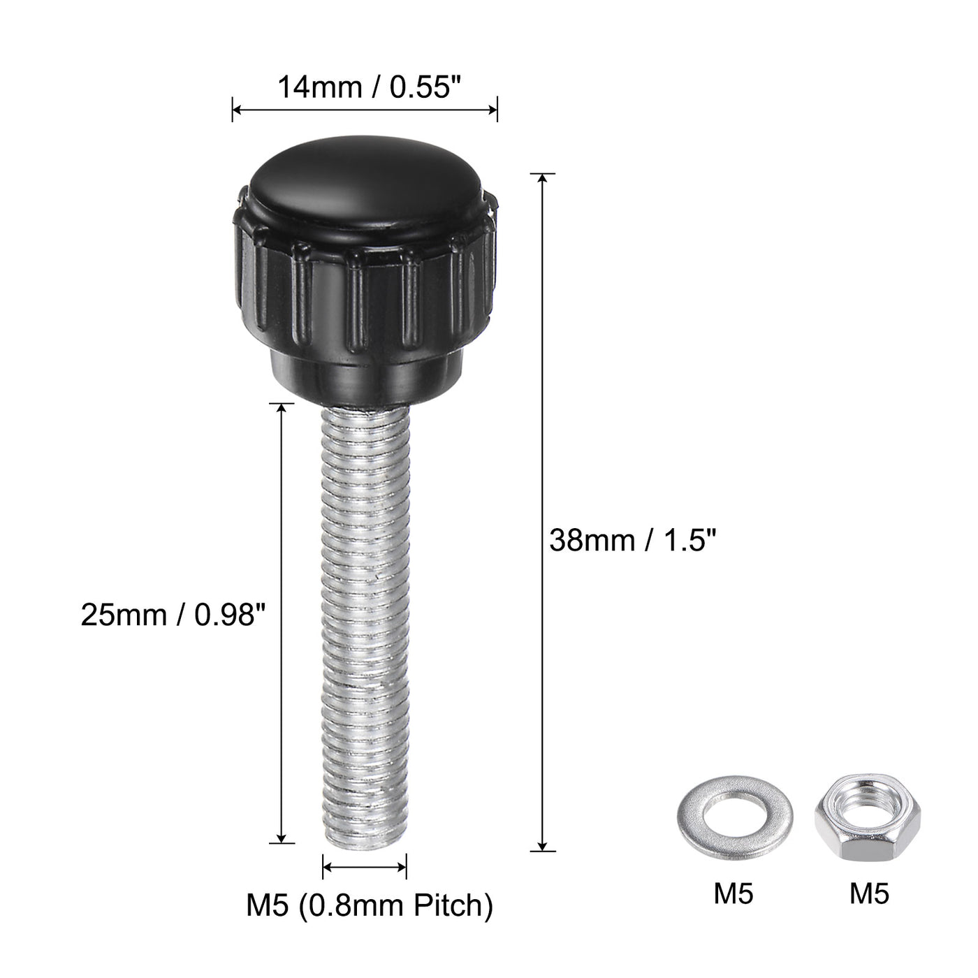 uxcell Uxcell 4 Sets Knurled Knobs with Nuts Washers, M5 x 25mm Carbon Steel Stud 14mm Head