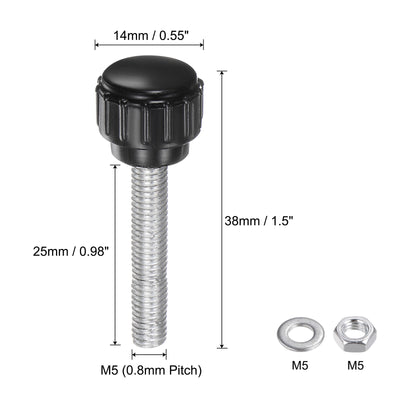 Harfington Uxcell 4 Sets Knurled Knobs with Nuts Washers, M5 x 25mm Carbon Steel Stud 14mm Head