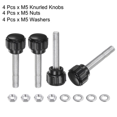 Harfington Uxcell 4 Sets Knurled Knobs with Nuts Washers, M5 x 25mm Carbon Steel Stud 14mm Head