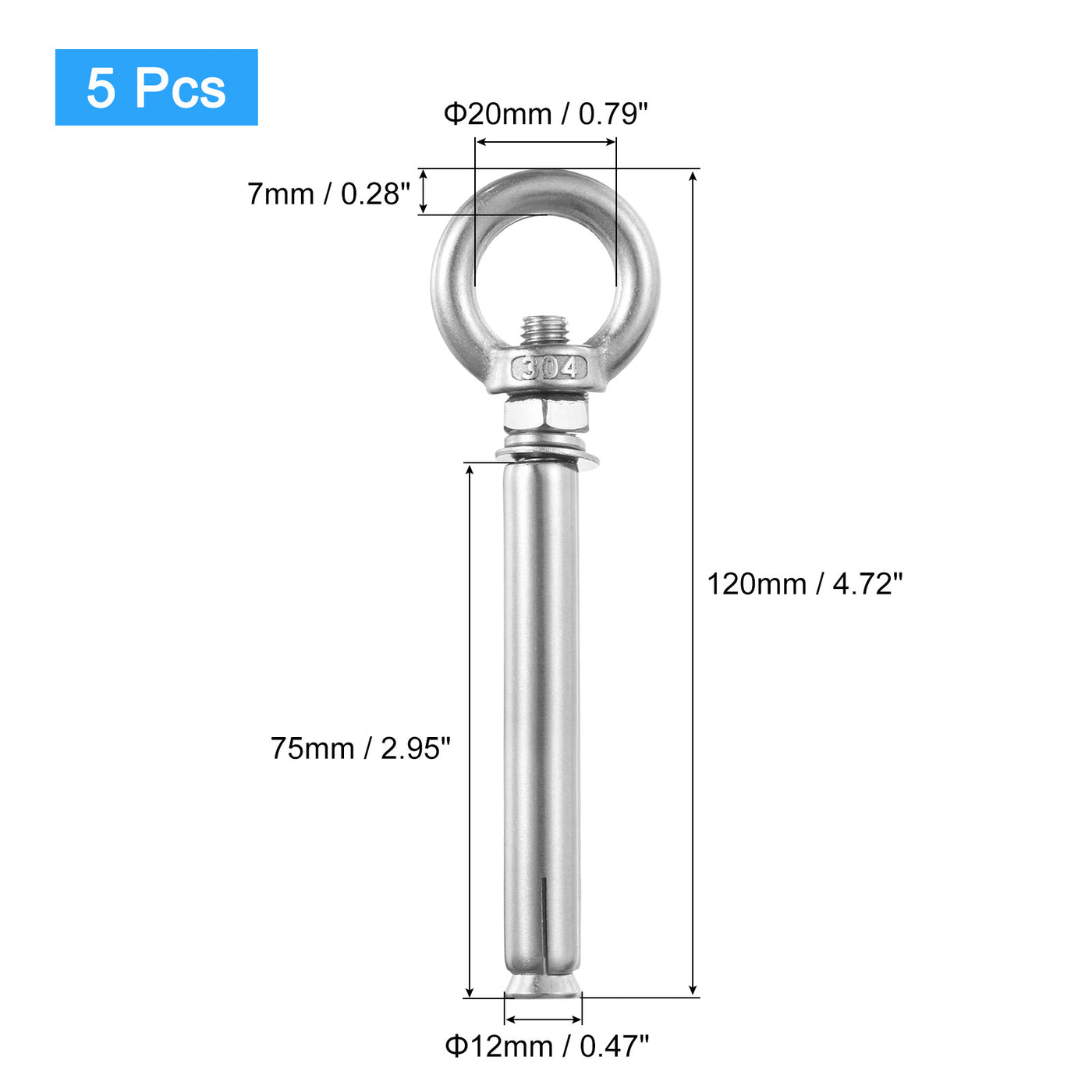 uxcell Uxcell Ring Lifting Expansion Eyebolt 5pcs M8x100mm 304 Stainless Steel Screw