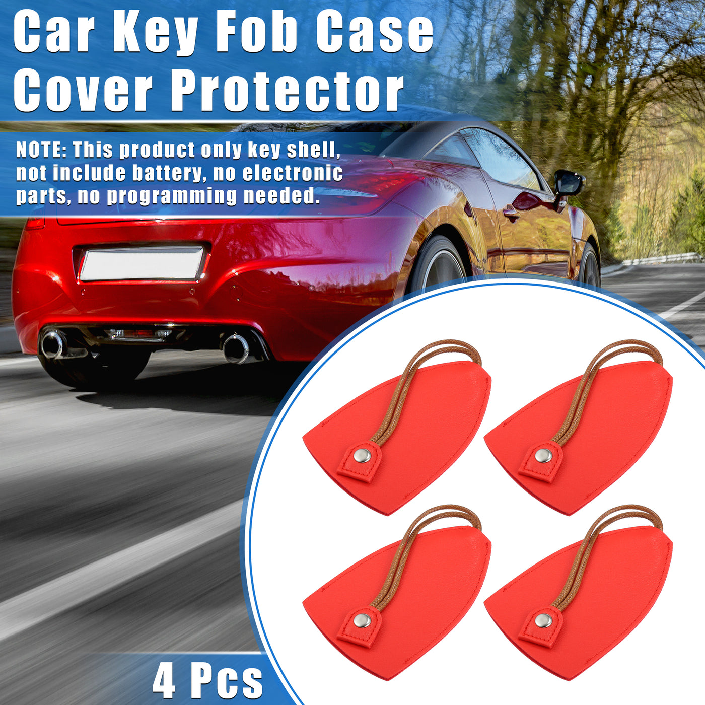 VekAuto 4 Pcs Pull Out Car Key Fob Case Cover Protector, Key Sleeve Keychain Bags Holder Universal for Car Large Capacity Faux Leather Red with Keyring