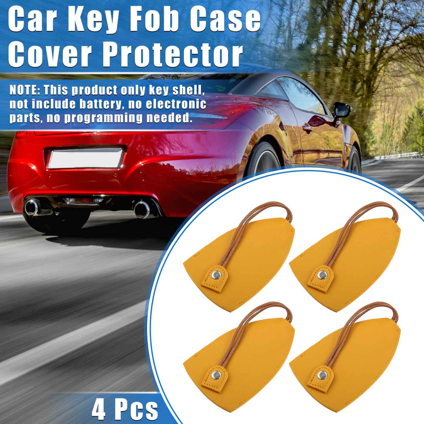 VekAuto 4 Pcs Pull Out Car Key Fob Case Cover Protector, Key Sleeve Keychain Bags Holder Universal for Car Large Capacity Faux Leather Yellow with Keyring