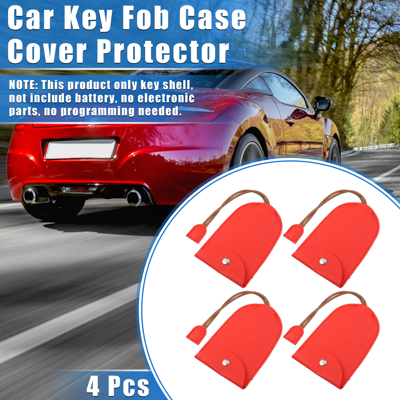 VekAuto 4 Pcs Pull Out Car Key Fob Case Cover Protector, Key Sleeve Keychain Bags Holder Universal for Car Full Protection Faux Leather Red with Keyring