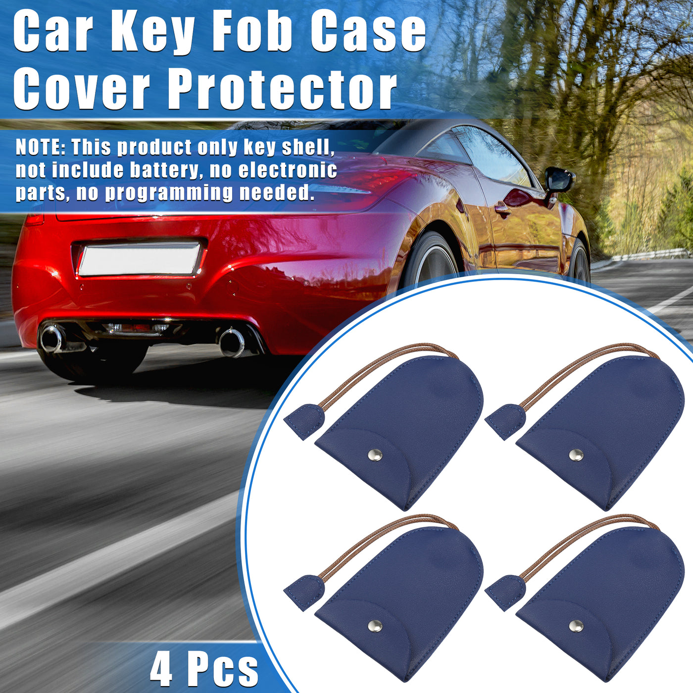 VekAuto 4 Pcs Pull Out Car Key Fob Case Cover Protector, Key Sleeve Keychain Bags Holder Universal for Car Full Protection Faux Leather Dark Blue with Keyring