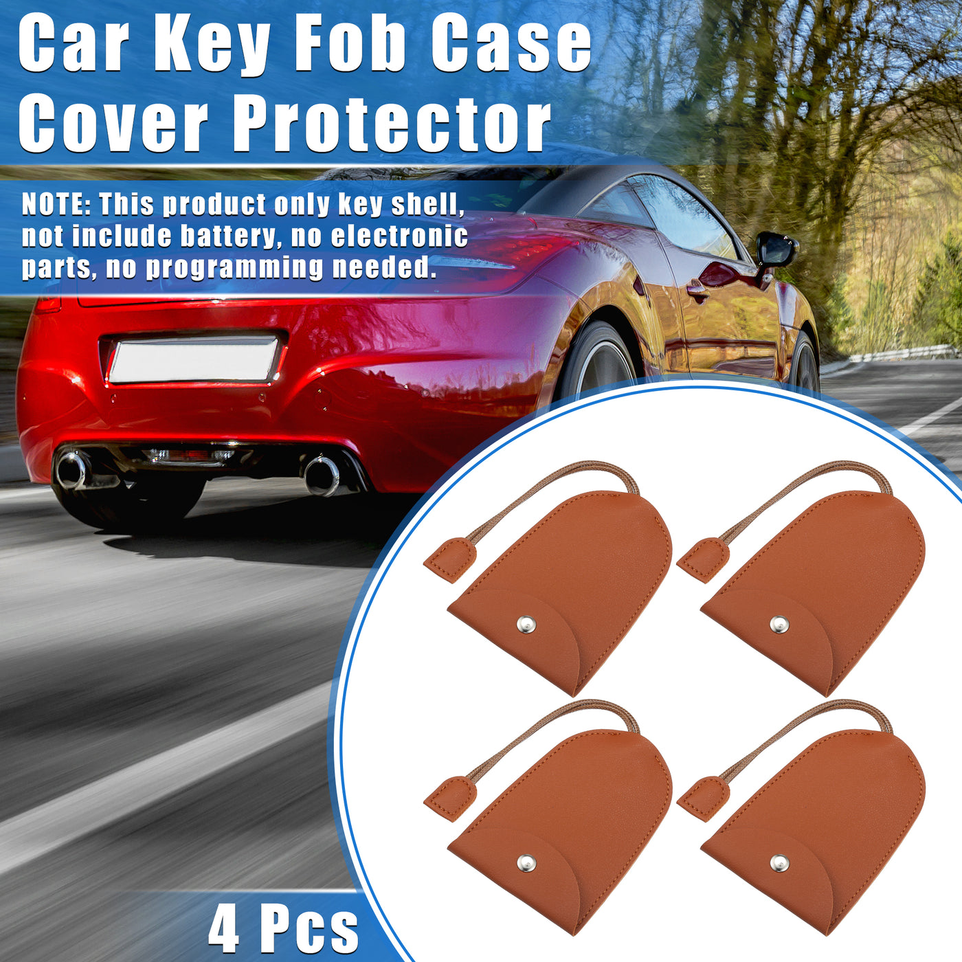 VekAuto 4 Pcs Pull Out Car Key Fob Case Cover Protector, Key Sleeve Keychain Bags Holder Universal for Car Full Protection Faux Leather Brown with Keyring