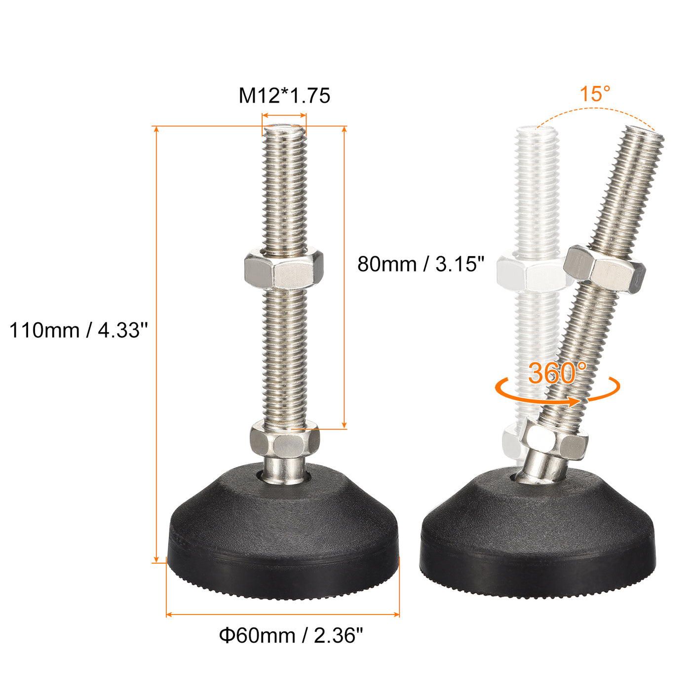 uxcell Uxcell Furniture Levelers, 1Pcs M12x80x60mm Nylon Universal Leveling Feet, Adjustable Swivel Table Feet for Furniture Workshop Machines Machinery Equipment