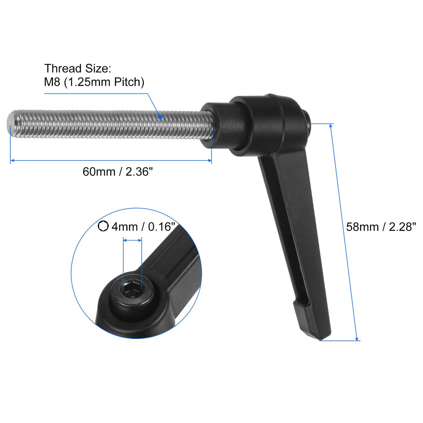 uxcell Uxcell 2pcs M8 x 60mm 304 Stainless Steel Thread Adjustable Clamping Lever Handle Knob