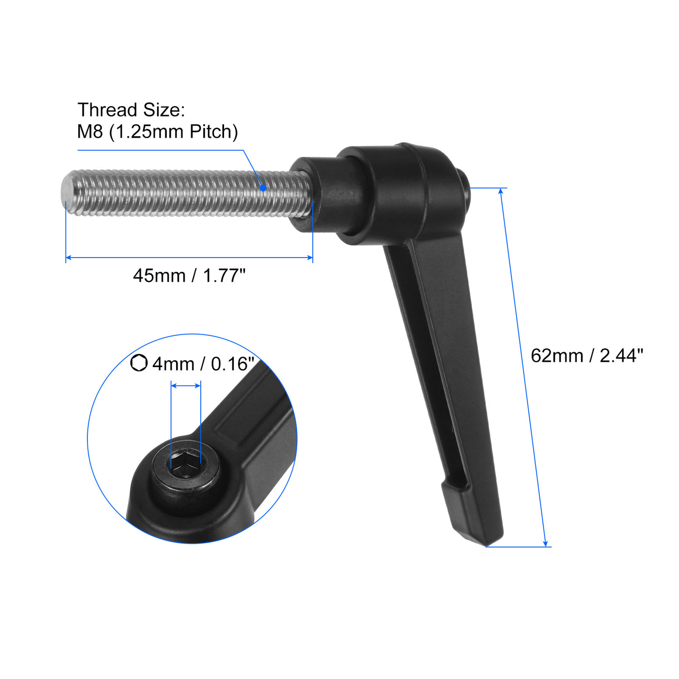 uxcell Uxcell 2pcs M8 x 45mm 304 Stainless Steel Thread Adjustable Clamping Lever Handle Knob