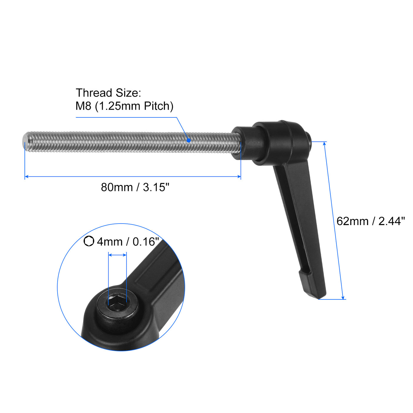 uxcell Uxcell 2pcs M8 x 80mm 304 Stainless Steel Thread Adjustable Clamping Lever Handle Knob