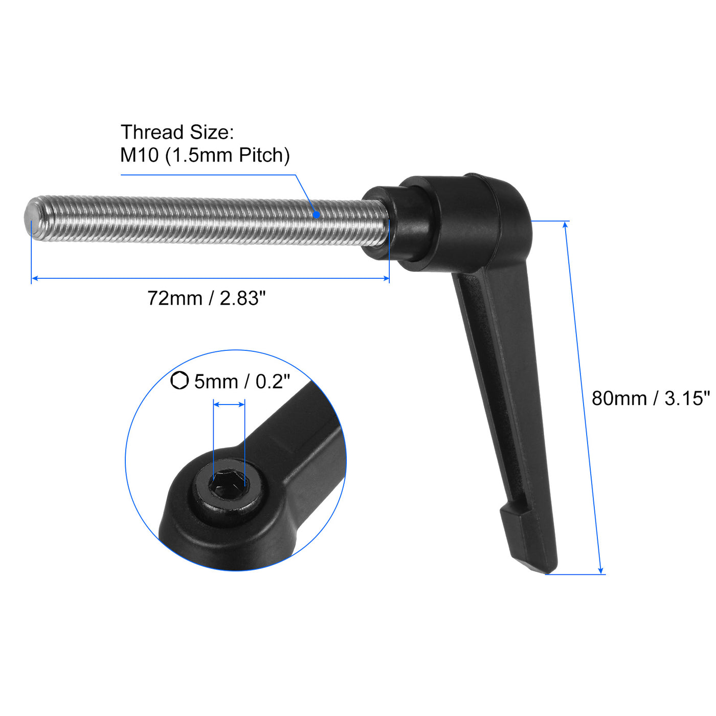 uxcell Uxcell 2pcs M10 x 72mm 304 Stainless Steel Thread Adjustable Clamping Lever Handle Knob