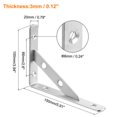 Harfington Uxcell Shelf Brackets, 2Pcs 6" - Stainless Steel Solid Triangle Bracket with Screws, Removable Support L Brackets for DIY Floating Table Shelf (3mm Thick)