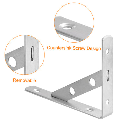 Harfington Uxcell Shelf Brackets, 2Pcs 6" - Stainless Steel Solid Triangle Bracket with Screws, Removable Support L Brackets for DIY Floating Table Shelf (3mm Thick)