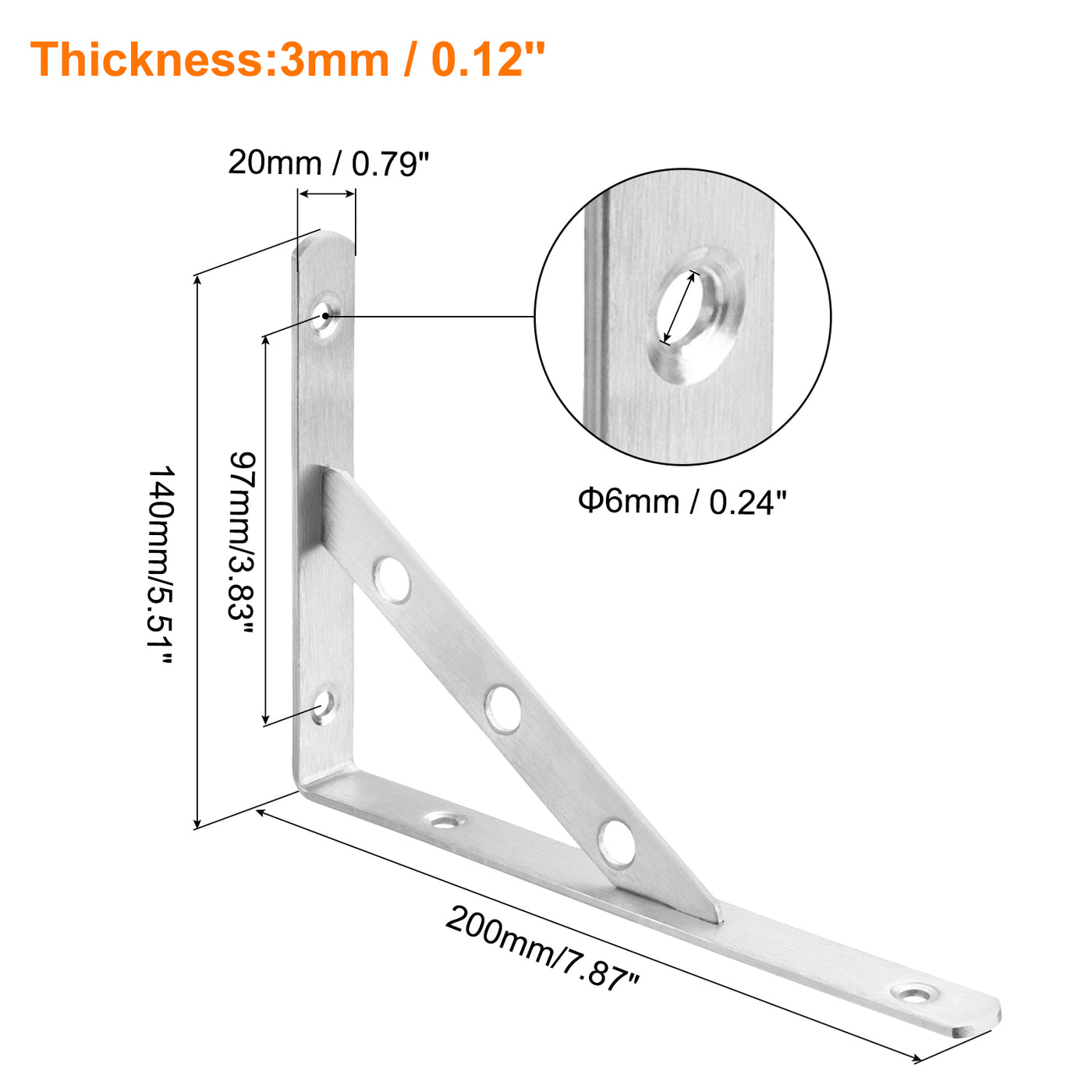 uxcell Uxcell Regalhalterungen, 2 Stück 8" x 0,8" - Edelstahl-Solid-Dreieckshalterung mit Schrauben, abnehmbare L-Halterungen zur DIY-Schwebetischregal (3 mm dick)