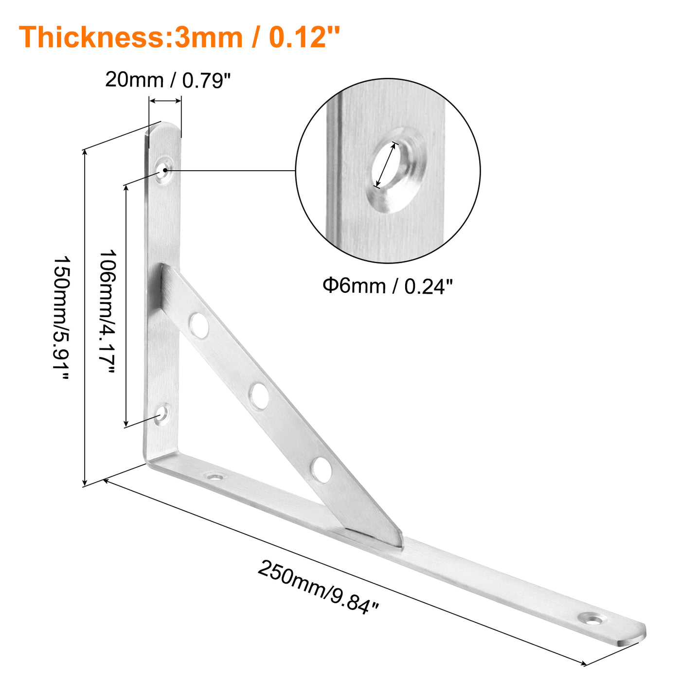 uxcell Uxcell Shelf Brackets, 2Pcs 10" - Stainless Steel Solid Triangle Bracket with Screws, Removable Support L Brackets for DIY Floating Table Shelf (3mm Thick)