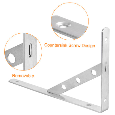 Harfington Uxcell Shelf Brackets, 2Pcs 10" - Stainless Steel Solid Triangle Bracket with Screws, Removable Support L Brackets for DIY Floating Table Shelf (3mm Thick)