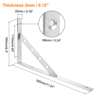 Harfington Uxcell Regalhalterungen, 2 Stück 12" x 0,8" - Edelstahl-Solid-Dreieckshalterung mit Schrauben, abnehmbare L-Halterungen zur DIY-Schwebetischregal (3 mm dick)