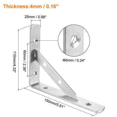 Harfington Uxcell Shelf Brackets, 2Pcs 6" - Stainless Steel Solid Triangle Bracket with Screws, Removable Support L Brackets for DIY Floating Table Shelf (4mm Thick)