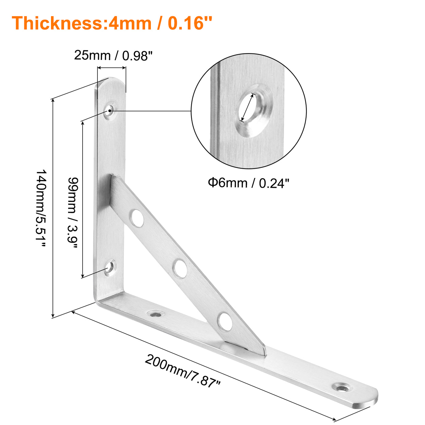 uxcell Uxcell Regalhalterungen, 2 Stück 8" x 1" - Edelstahl-Solid-Dreieckshalterung mit Schrauben, abnehmbare L-Halterungen zur DIY-Schwebetischregal (4 mm dick)