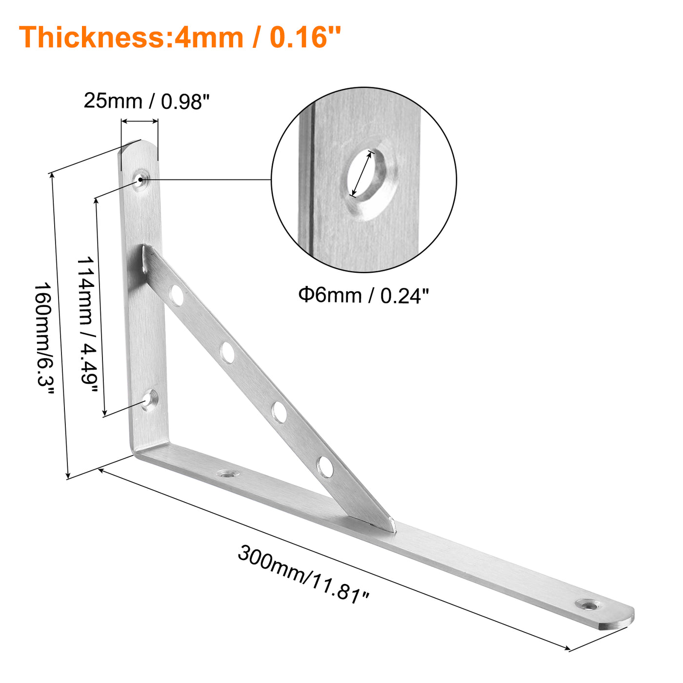 uxcell Uxcell Regalhalterungen, 2 Stück 12" x 1" - Edelstahl-Solid-Dreieckshalterung mit Schrauben, abnehmbare L-Halterungen zur DIY-Schwebetischregal (4 mm dick)