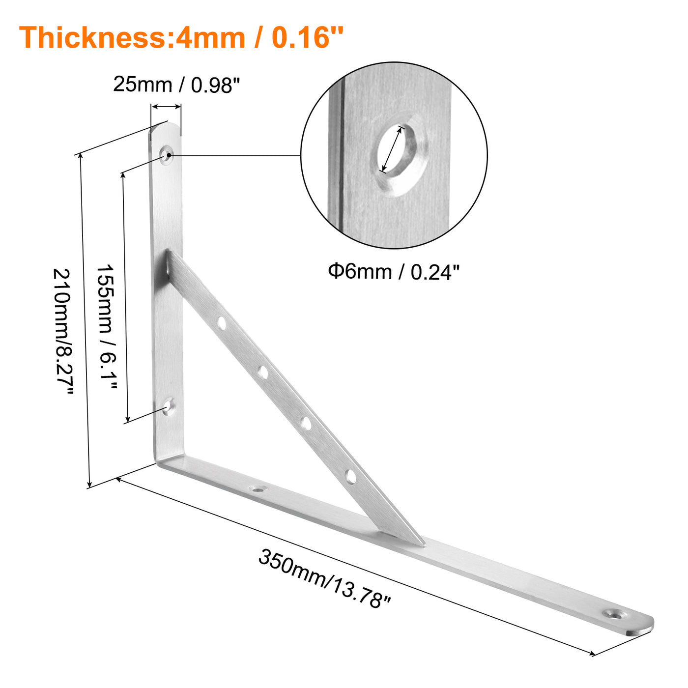 uxcell Uxcell Regalhalterungen, 2 Stück 14" x 1" - Edelstahl-Solid-Dreieckshalterung mit Schrauben, abnehmbare L-Halterungen zur DIY-Schwebetischregal (4 mm dick)