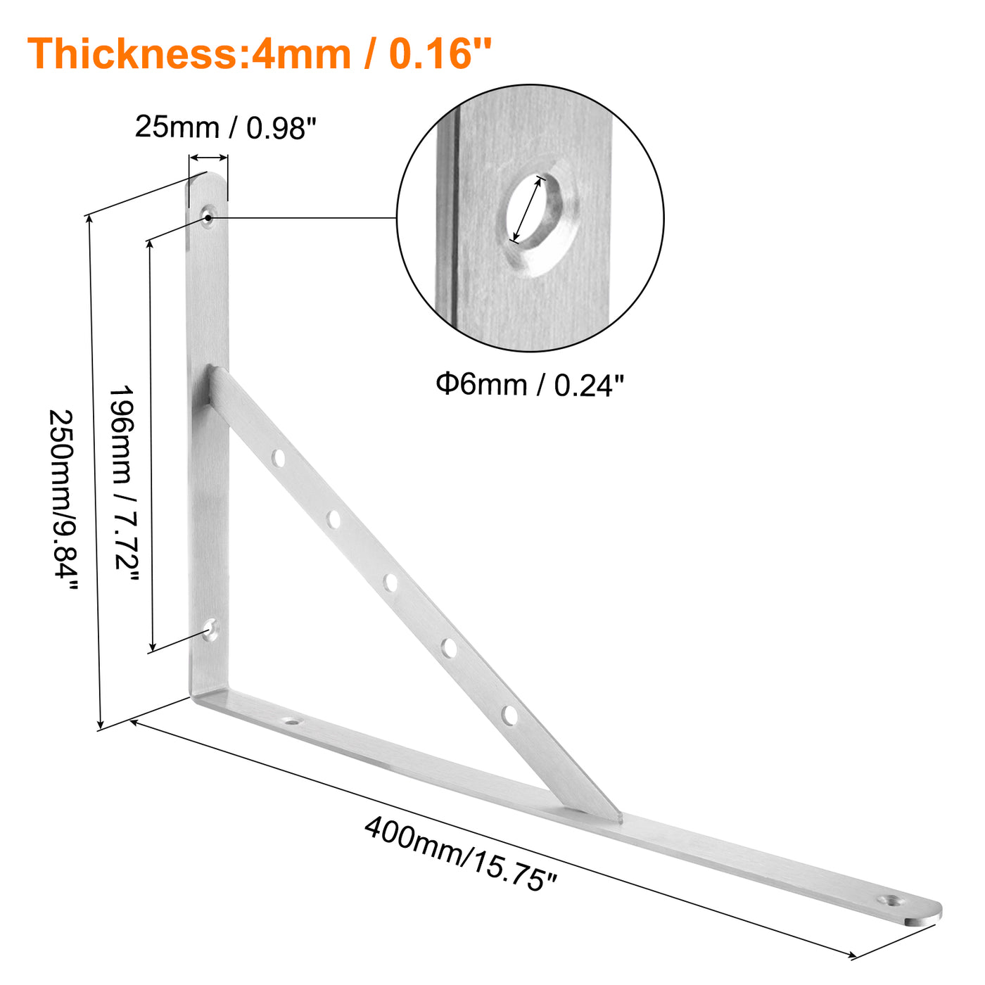 uxcell Uxcell Regalhalterungen, 2 Stück 16" x 1" - Edelstahl-Solid-Dreieckshalterung mit Schrauben, abnehmbare L-Halterungen zur DIY-Schwebetischregal (4 mm dick)