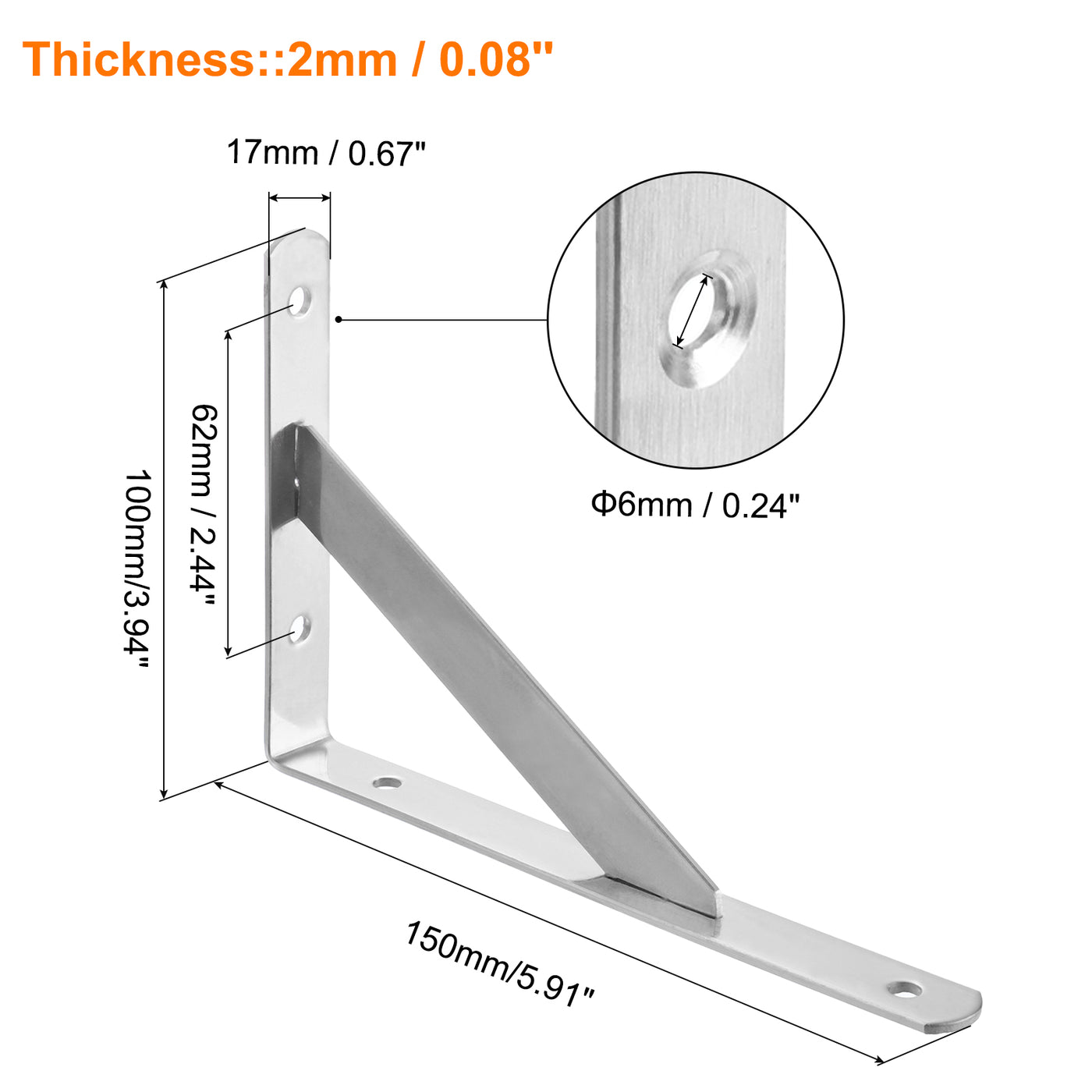 uxcell Uxcell Shelf Brackets, 4Pcs 6" - Stainless Steel Solid Triangle Bracket with Screws, Removable Support L Brackets for DIY Floating Table Shelf (2mm Thick)