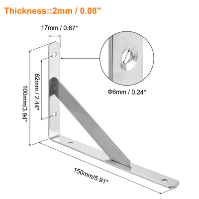 Harfington Uxcell Shelf Brackets, 4Pcs 6" - Stainless Steel Solid Triangle Bracket with Screws, Removable Support L Brackets for DIY Floating Table Shelf (2mm Thick)